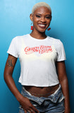 Women's Flowy Cropped Tee in White. High quality material for a comfy feel and relaxed sexy design for a fashion forward fit. Also comes in Grey. 